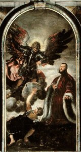 Archangel Michael vanqishing Lucifer in the presence of a Venetian senator