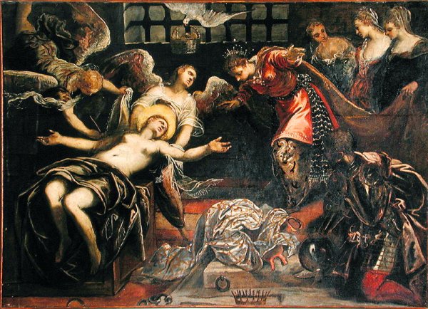 Saint Catherine of Alexandria receives a visit from the Roman Empress Faustina whilst in Prison