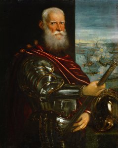 Portrait of Sebastiano Vernier d.1578 Commander-in-Chief of the Venetian forces in the war against the Ottoman Empire with the battle of Lepanto in the background, c.1571